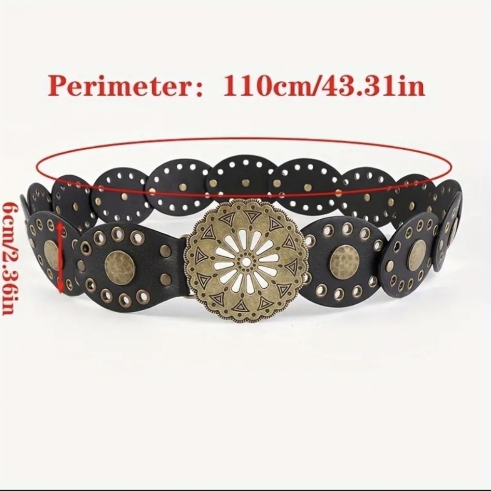 Brown Belt Western Style Studded Medallion Retro Style Buckle Boho Belts - Picture 5 of 6